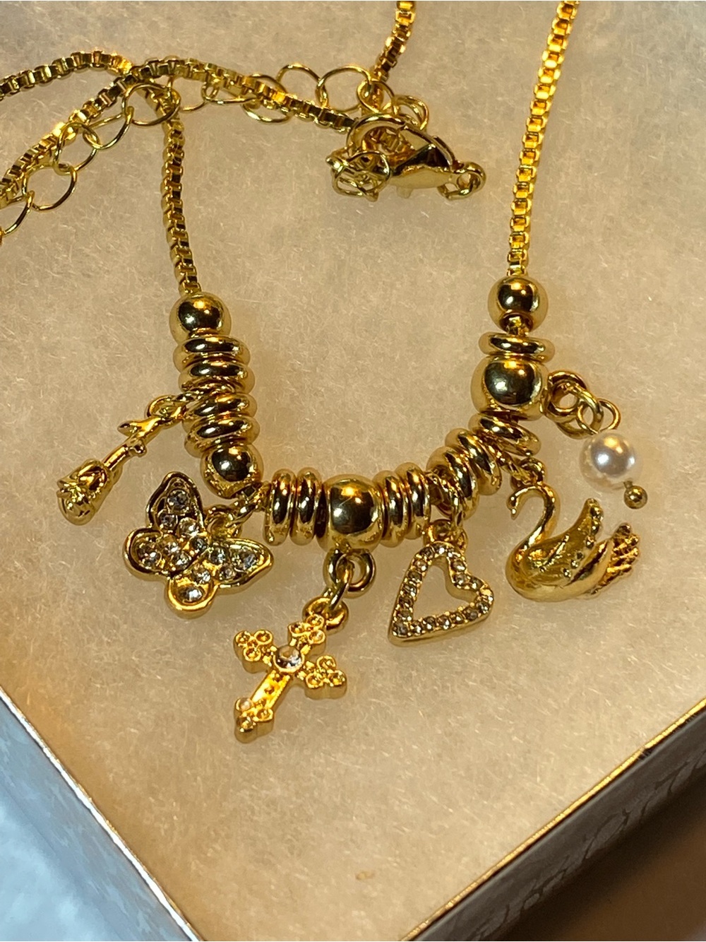 Multi Charm Gold Tone Cross Heart Necklace